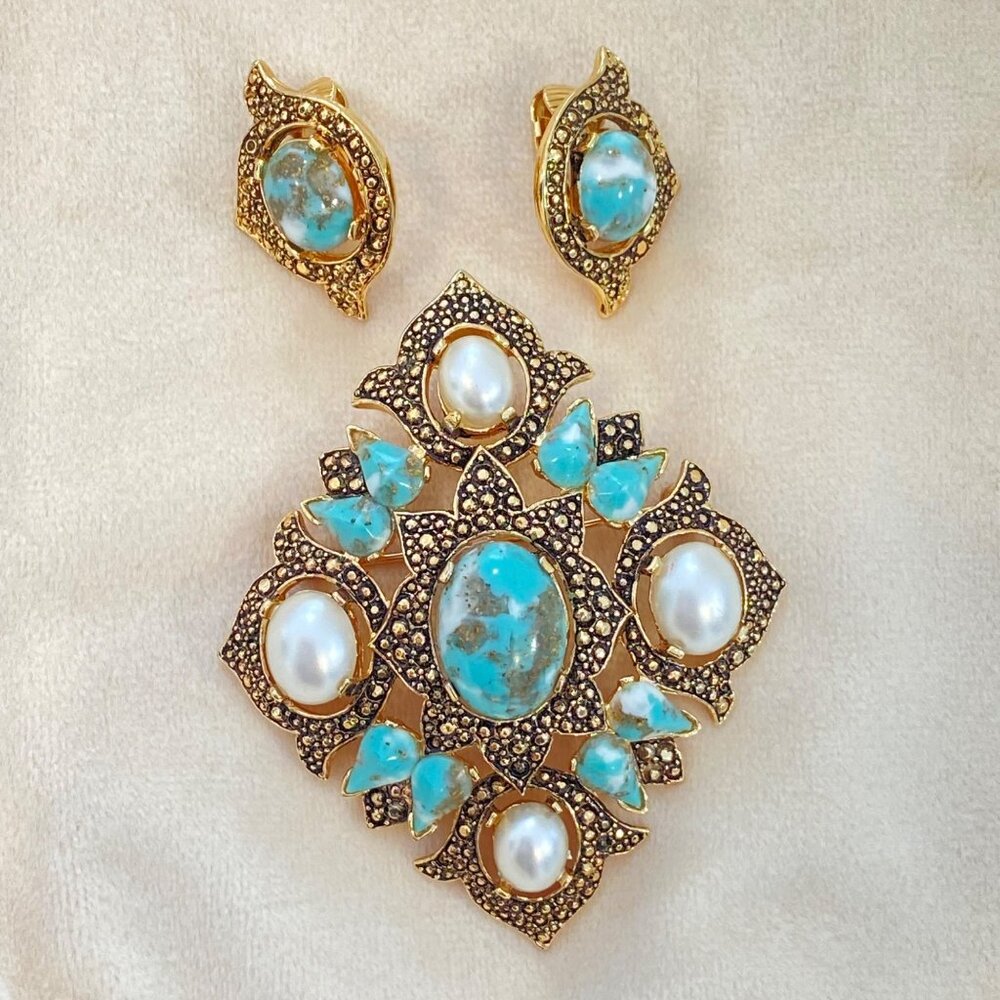 Vintage Sarah Coventry Turquoise & Pearl Clip-On Earrings With Matching Brooch - Picture 4 of 11